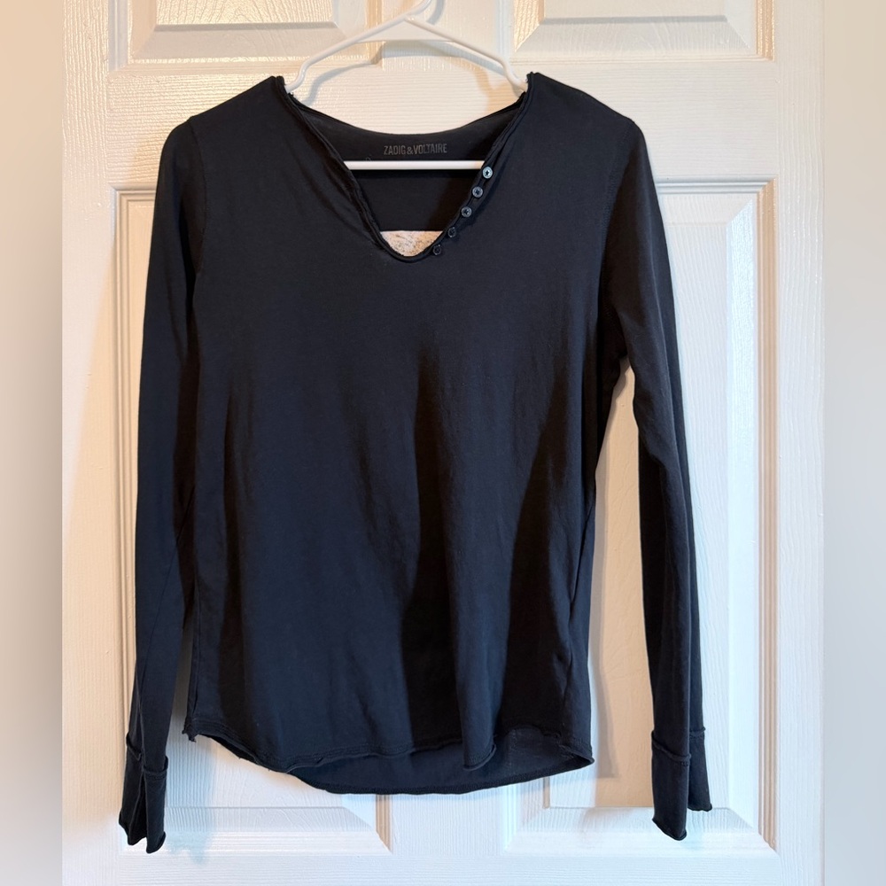 Zadig & Voltaire Black Long-Sleeve V-Neck Top with Button Trim